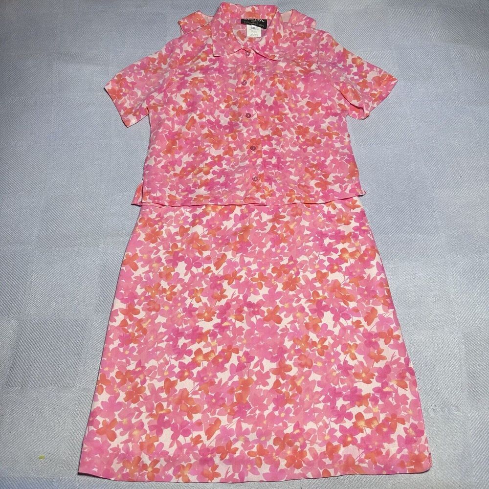 Vintage 80s 90s Melissa Collection Pink Floral Blouse & Midi Dress Size 4 Petite